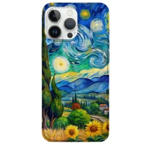Ayçiçekler Eşliğinde Yıldızlı Gece Tasarımlı Van Gogh Desenli Telefon Kılıfı - Görsel 1 Van Gogh telefon kılıfı